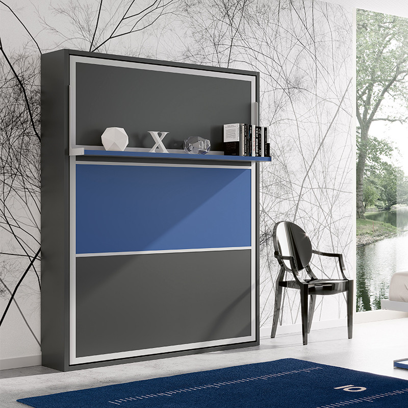 Cama Abatible vertical con escritorio integrado y estantes interiores  Colores Madera Wallbed Antracita Dimensiones 90x190